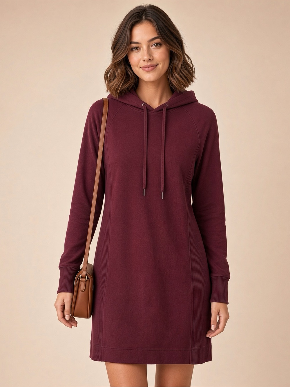 Earth Yoga Ribbed Panel Hoodie Dress Burgundy Size S